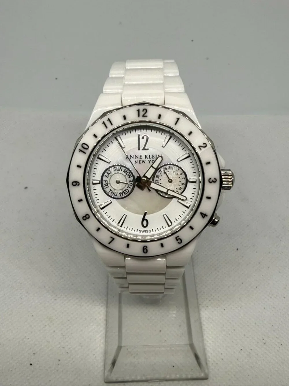 Anne Klein 12/1979WMWB Women's 40mm White Ceramic MOP Dial Swiss Quartz Watch